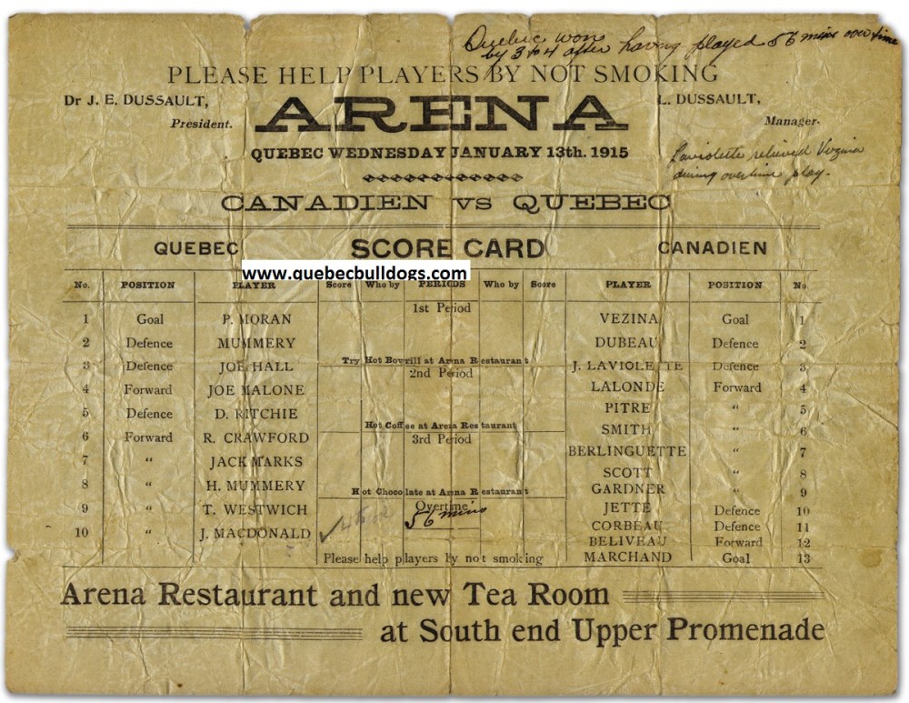 13 janvier 1915 à Québec: victoire de 4-3 sur Montréal après 56 minutes de temps supplémentaire.