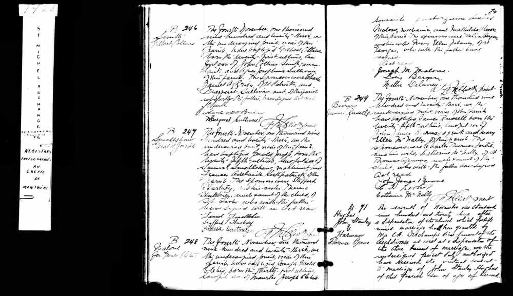 Baptistère de Joe Malone junior. (en bas dans la page de gauche). Remarquez le métier de son père, appelé ''Mechanic'', soit fabricant d'outils et de pièces, son principal métier.